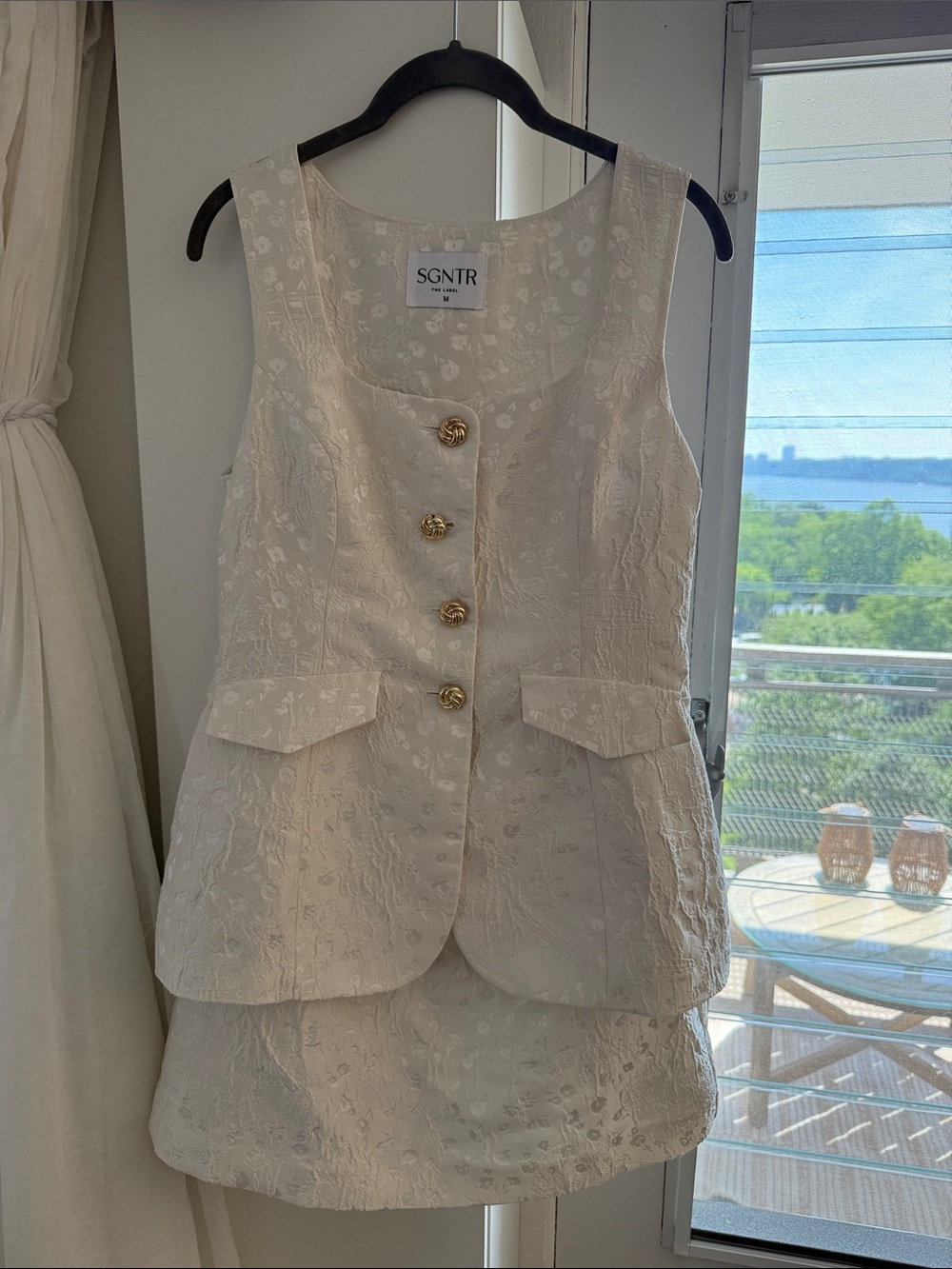 Cream Textured Mini Dress with Gold Buttons